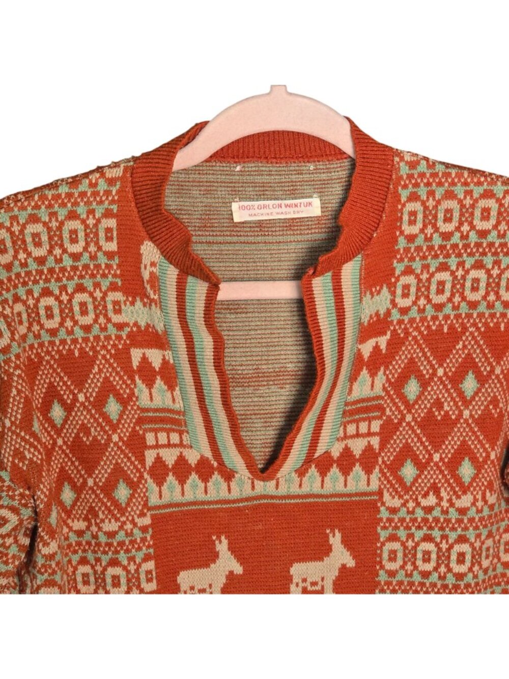 Vintage 70s Orlon Wintuk Fair Isle Donkey Knit Sweater Rust Orange Medium - Picture 2 of 9